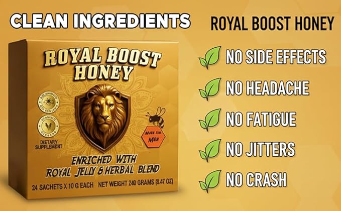 Royal Boost Honey - Apple Infused Linden Tree Honey with Royal Jelly &amp Panax Ginseng - 24 Sachets x 10g Each | On-the-go Snack | Individually Sealed Honey Packs - Smooth Natural Sweetness for Tea