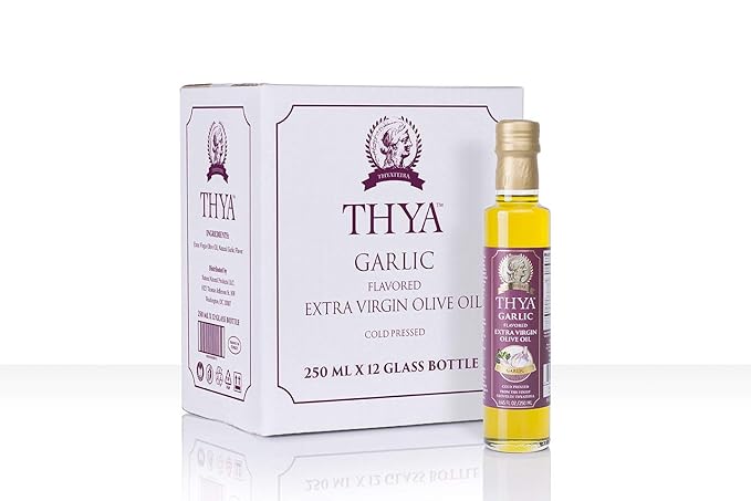 THYA Garlic Flavored Extra Virgin Olive Oil Cold Pressed Olives EVOO for Salad Dressing and Cooking (8.45 fl oz/ 250ml)