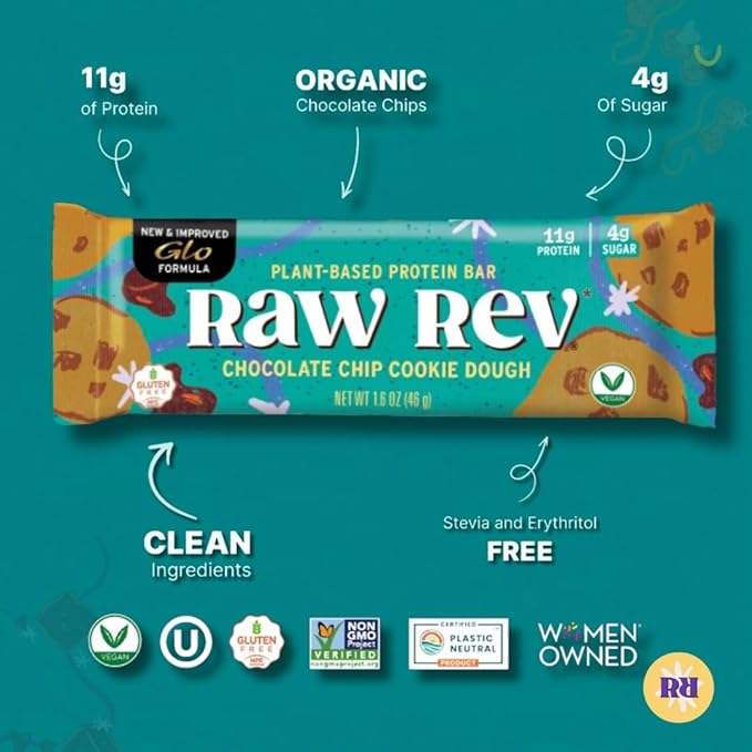 Raw Rev Vegan Protein Bars- Chocolate Chip Cookie Dough 12 bars Non-GMO Plastic-Neutral Nothing Artificial Glo Formula Gluten-Free Keto-Friendly Paleo Kosher No Sugar Alcohols No Stevia.
