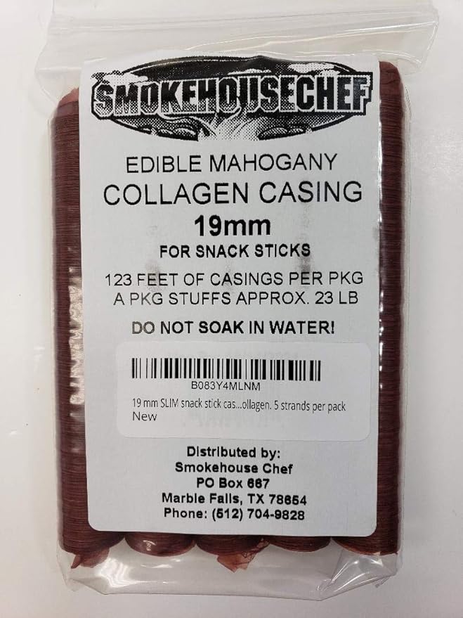 19 mm SLIM snack stick casings for homemade snack sticks. Beef Collagen. 5 strands per pack