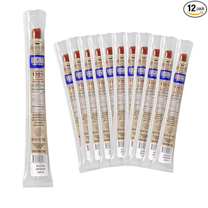 Oak Barn Beef Sticks - Dry Aged Meat Snacks - 100% Nebraska Small Farm Jerky Beef Sticks Individually Wrapped - Low-Calorie Sugar-Free Protein Snacks - Gluten Free Meat Stick - Original 12Pcs