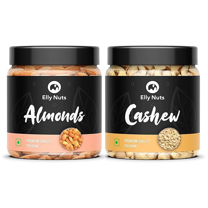 Elly Nuts Dry Fruits Combo Pack of 500 gms California Almond 250 gms &amp Cashew Nuts| Kaju 250 gms Dry Fruits Combo [ Jar Pack]