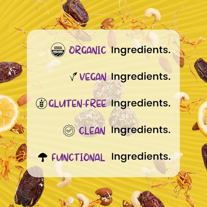 ODD BALLS Organic Energy Balls Lemon - Superfood Mushroom Snack - Running Cycling Hiking - Gels Bars Alternative - Lion's Mane Focus Cordyceps Energy - Vegan Gluten Free Snacks for Kids &amp Adu