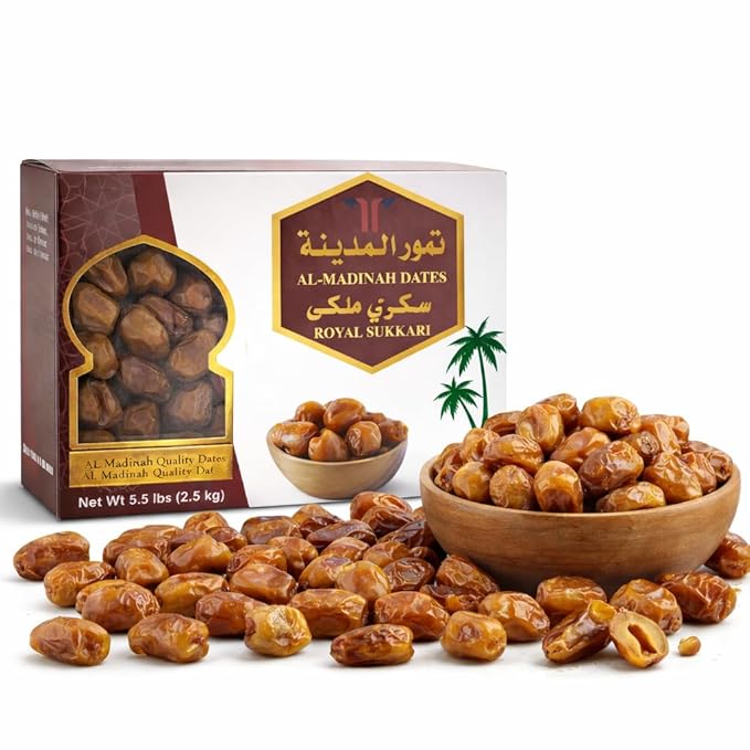Al-Madinah Royal Sukkari Dates – Premium Saudi Dates Naturally Sweet Whole Dates 2.5 kg (5.5 ib) Family Size Box- perfect Tamr for Ramadn and fasting and breakfast