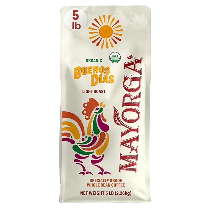 Mayorga Organic Coffee 5lb Buenos Dias - Light Roast Whole Bean Coffee Specialty Grade 100% Arabica Slow Roasted Citrusy and Sweet Flavor with Low Acidity - USDA Organic Non-GMO Kosher
