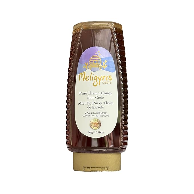 Meligyris Pure Pine Thyme Greek Honey from Crete - 100% Pure Raw and Unfiltered Non-GMO - 17.636 oz Squeezable Bottle