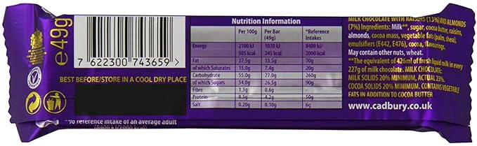 Cadbury Dairy Milk Fruit &amp Nut Chocolate Bar Single 49g Bar (Pack of 48)