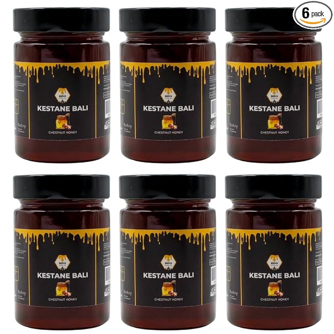 Natural Turkish Chestnut Honey 6-Pack (6 x 460g/16.23fl oz) - Pure Raw Kestane Bali Glass Jars Ships as a 6-Unit Pack