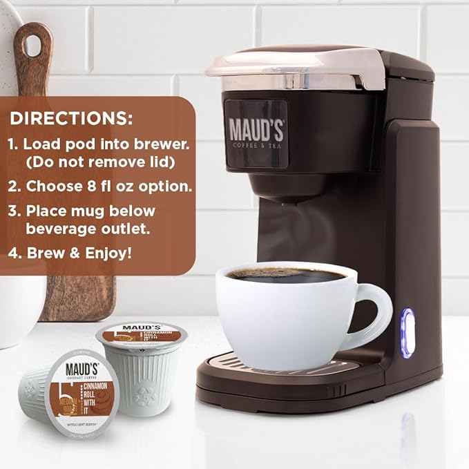 Maud's Cinnamon Roll Flavored Coffee Pods 50 ct Medium Roast Flavored Coffee in Single Serve Pods – 100% Arabica Beans Compatible with Keurig K Cups Maker