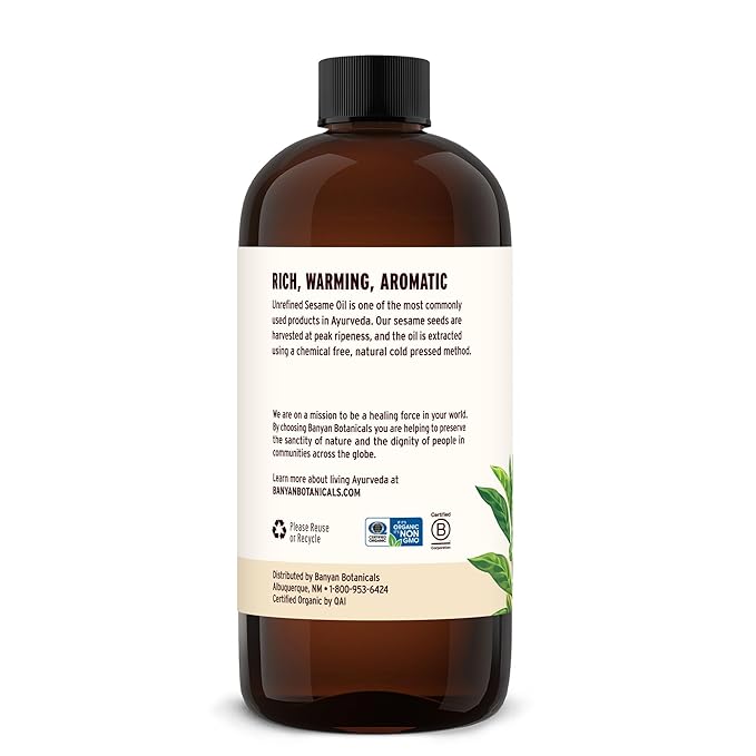 Banyan Botanicals Organic Unrefined Sesame Oil – Rich &amp Warming Ayurvedic Massage Oil for Body &amp Scalp – Traditional Abhyanga Oil for Deep Tissue Grounding &amp Recovery – 16 oz – USDA Organi