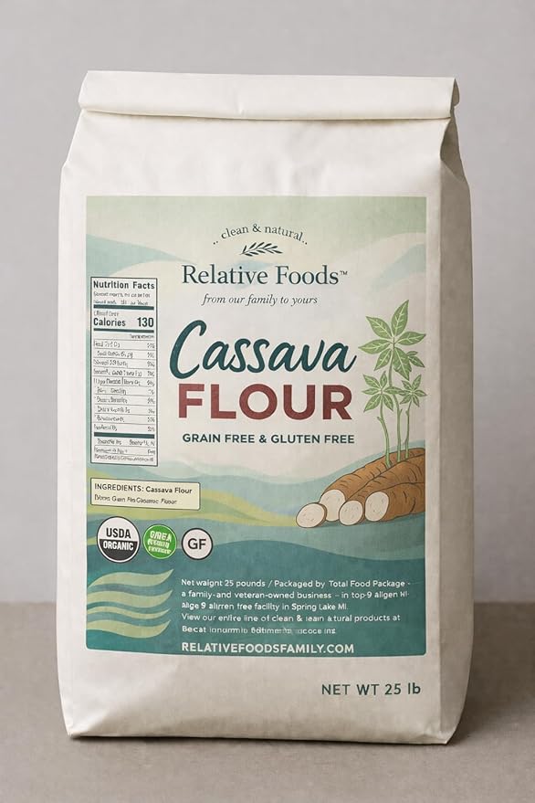 Relative Foods Premium Organic Cassava Flour (25 lb) - Versatile Yuca Flour for Healthy Baking - Mild Flavor Unique Cassava Root Blend for Waffles Biscuits &amp More - Perfect for Baking