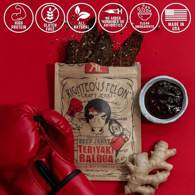 Righteous Felon Beef Jerky - Teriyaki Balboa Jerky - Gluten-Free Snacks - All-Natural Locally Sourced &amp Dried Beef Jerky - Low-Sugar High-Protein Healthy Snacks - 2 Ounces Each Pack of 8