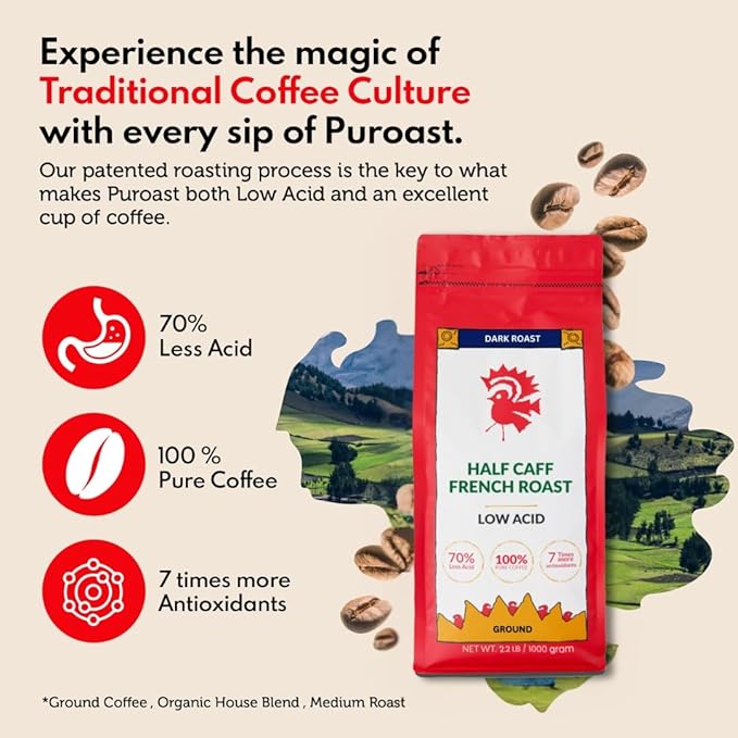 Puroast Low Acid Coffee Half Caff | Half Caff French Roast Ground | Dark Roast | High Antioxidants &amp High pH |No Bitter Aftertaste | Reduced Heartburn &amp GERD | Suitable for Cold Brew - 2.2 LB