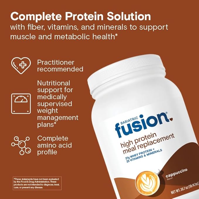 Bariatric Fusion Cappucino Meal Replacement 27g Protein Powder 21 Serving Tub for Bariatric Surgery Patients Including Gastric Bypass and Sleeve Gastrectomy - No Gluten Aspartame or Sugar