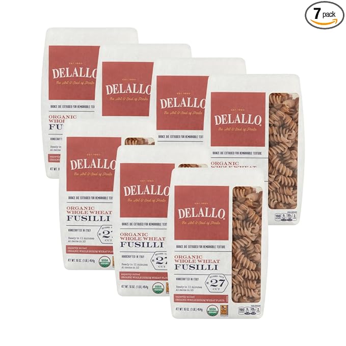 DeLallo Whole Wheat Fusili Pasta 1 Pound Bag 7 Pack 100% Organic Whole Grain