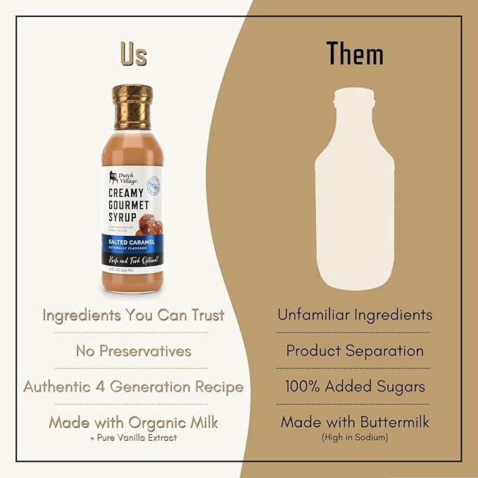 Creamy Gourmet Breakfast &amp Dessert Syrup | Organic Ingredients - Clean Label | No Preservatives Artificial Flavors or Corn Syrup | Gluten-Free | Dutch Village Salted Caramel 12 fl oz - 2 PK