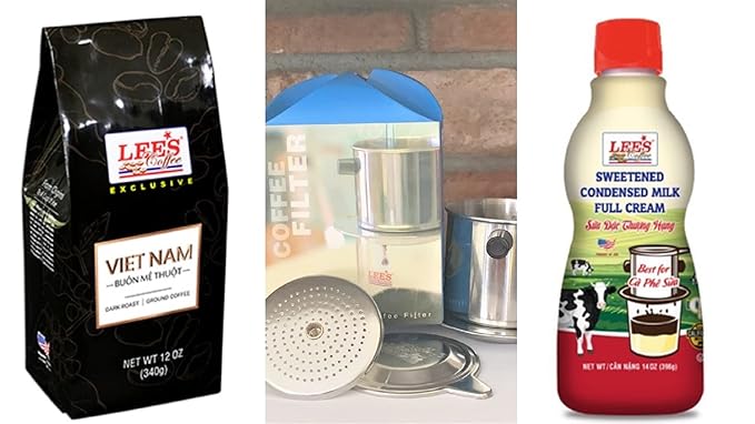 Lee's Coffee The best of Vietnamese Milk Coffee Combo Kits - Bo Ca Phe Phin Ket Hop Sua Dac Ngon Dam Dac Lee Coffee - Included Ground Buon Me Thuot Coffee with the Coffee Fillter and Sweetened Condens