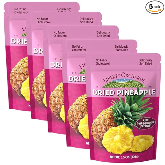 Liberty Orchard Organic Whole Dried Pineapple - Deliciously Sweet Dried Fruit Snack Packed with Fiber &amp Vitamins Vitamins - Healthy Snack Ideal for Smoothies Salads &amp Baking - 5 Pack