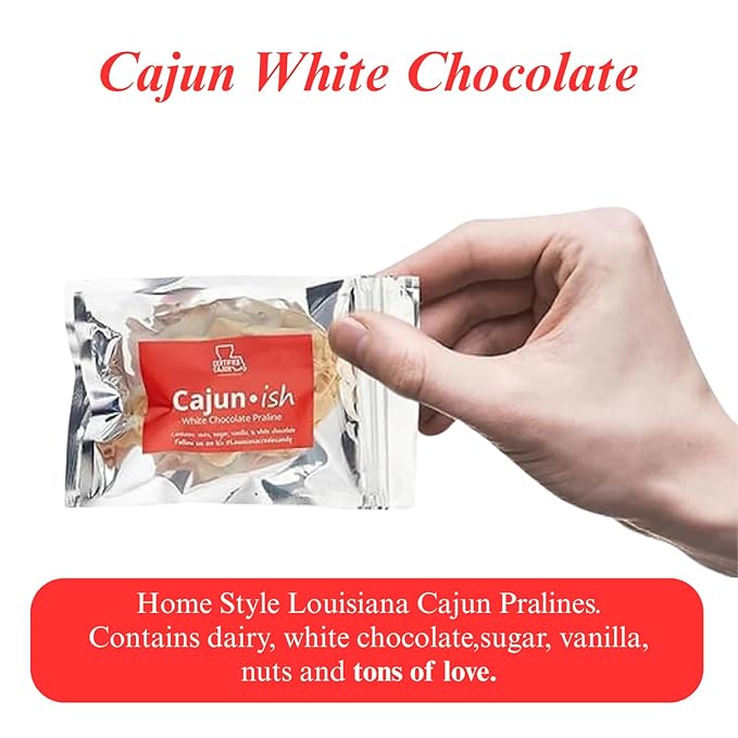 Creole ish Original praline pecans Candy-Authentic Sweet Delights from New Orleans Cajun Flavors Certified Louisiana Candy French Influence Dairy-Made Perfection (White Chocolate 6 Pack)