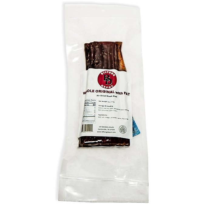 Biltong Depot Original Beef Biltong Slab with Fat – 8oz | Air-Dried Beef Jerky Snack | High Protein | Zero Sugar | Keto &amp Paleo Friendly | Gluten Free | No Artificial Preservatives | No MSG