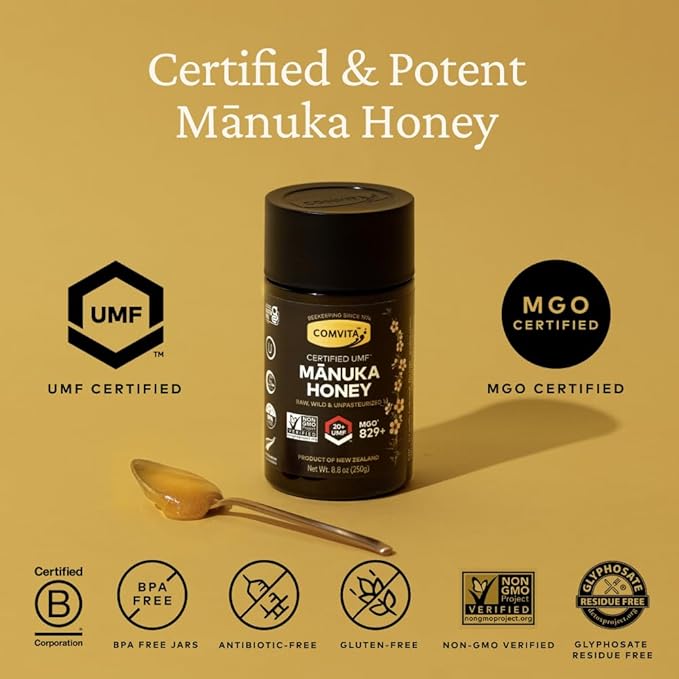 Comvita Manuka Honey UMF 20+ (MGO 829+) - Raw Manuka Honey New Zealand Pure &amp Unpasteurized Superfood for Immune Health Use in Tea Wild Monofloral Non-GMO - 250g (8.8 oz)