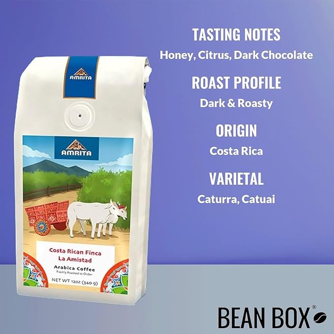 Costa Rican Finca La Amistad - Dark - Roasted by Amrita Certified Pure - Freshly Ground Coffee - 12 Ounce Bag