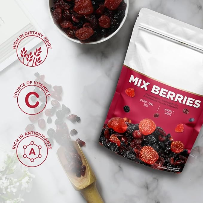 Generic Premium Mix Berries Dried Cranberries Blueberries Strawberries Black Currants | Antioxidant Rich | Healthy Snack for Kids and Adults -200 gm