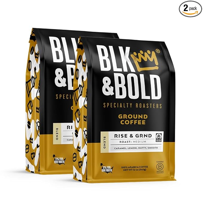 BLK &amp Bold GroundCoffee Rise &amp GRND Medium Roast 100% Arabica Coffee Beans Toffee Lemon Nutty Notes Fresh Roasted Coffee for Drip French Press Cold Brew &amp Espresso 12 oz Bags (2 Pac
