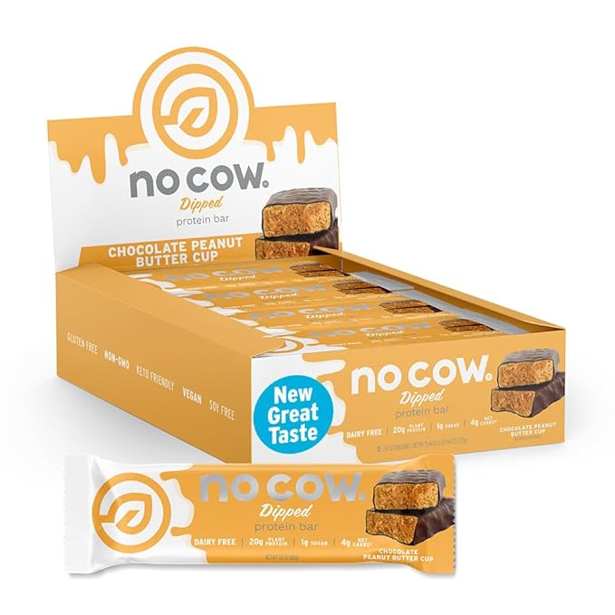 No Cow Vegan Protein Bars Upgraded Peanut Butter Cup | 20g Plant Based Protein Gluten Free Dairy Free Soy Free Keto Friendly Low Sugar High Fiber Snack Bars | Pack of 12