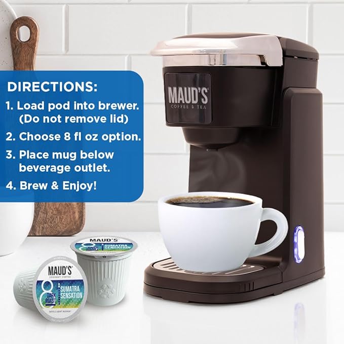 Maud's Sumatra Coffee Pods 100 ct Dark Roast Coffee in Single Serve Pods – 100% Arabica Coffee Compatible with Keurig K Cups Maker