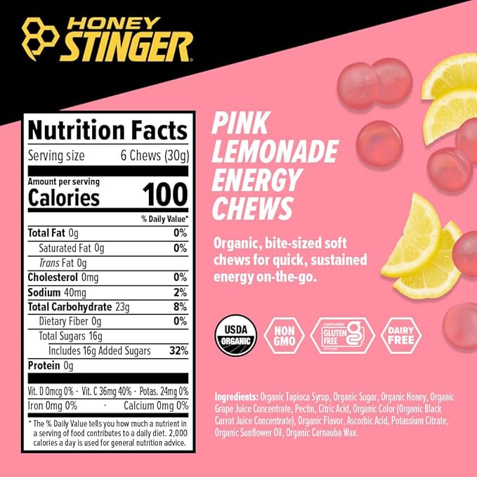 Honey Stinger Organic Pink Lemonade Energy Chew Gluten Free &amp Caffeine Free for Exercise Running and Performance Sports Nutrition for Home &amp Gym Pre and Mid Workout 21.6 Ounces (Pack of
