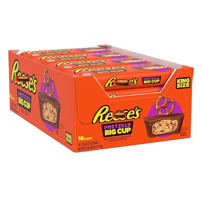 Big Cup with Pretzels Milk Chocolate King Size Peanut Butter Cups 16 Count 2.6 oz (32 Cups Total) Candy Packs Individually Wrapped Milk Chocolate Candy 16 Trays of 2 BIG Cups