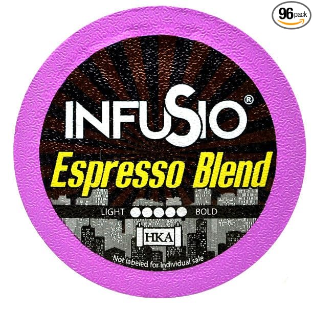 InfuSio Coffee Pods 96 Count Espresso Blend Dark Roast Single serve Coffee pods for Keurig K Cups Brewers - InfuSio Premium Roasted Keurig 2.0 Compatible