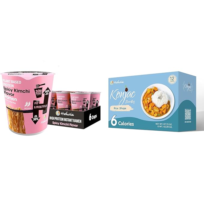Hethstia Protein Ramen &amp Konjac Rice Bundle Spicy Kimchi High Protein Ramen Cups with Low-Carb Shirataki Rice Vegan Low Fat Gluten-Free Ready-to-Eat Healthy Meal Combo
