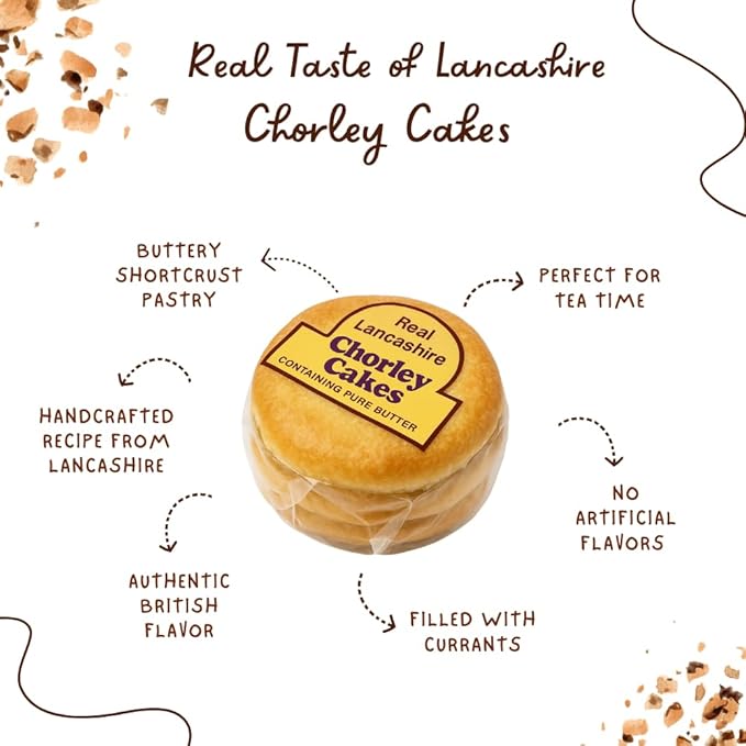 Real Lancashire Chorley Cakes | Infused with Pure Butter &amp Currants in Shortcrust Pastry | Delicious British Fly Pie | Tasty Addition to Tea Time or Snack Break | 9.17 Oz | 4 Cakes (Pack of 4)