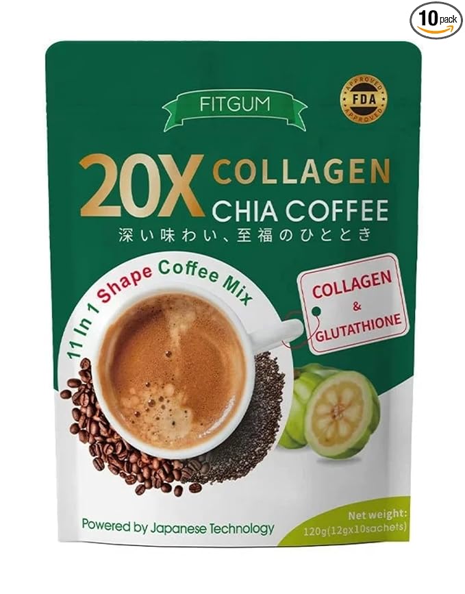 20X Collagen Chia Coffee Mix with Glutathione Japanese Technology 10 Sachets 120g