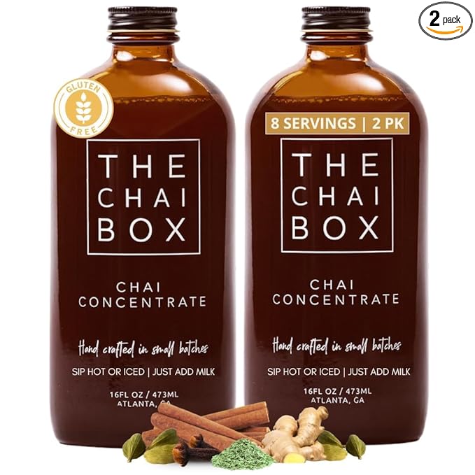 The Chai Box Sweetened Chai Tea Concentrate - Vegan Gluten Free Chai Concentrate | 16 Ounce (Pack of 2) | Hot or Iced Black Tea Concentrate Small Batch with Whole Premium Spices