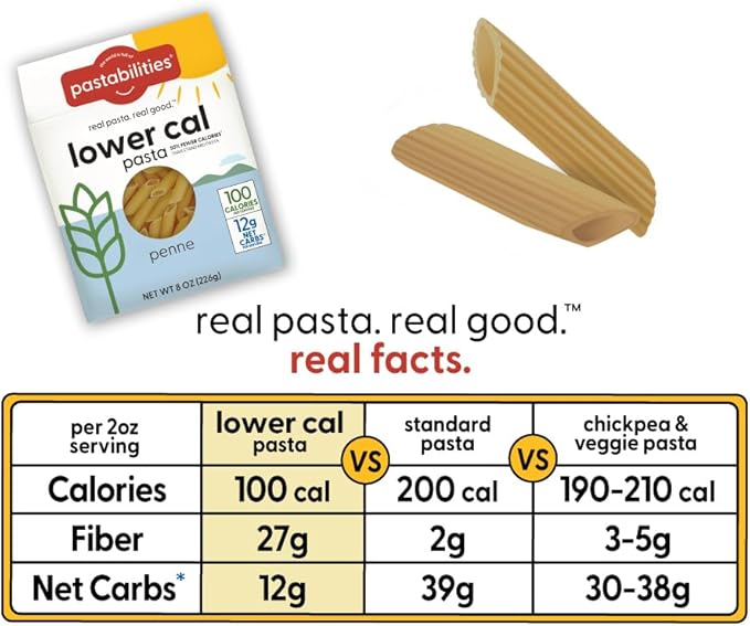 Pastabilities Lower Calorie Pasta Penne – 100 Calories/Serving Low Net Carbs Low Calorie Non-GMO High Fiber Vegan Plant-Based Enhanced Nutrients Delicious Taste &amp Texture (8 Ounce 6 Pack