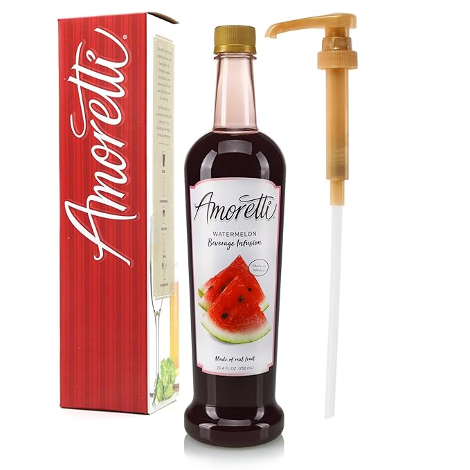 Amoretti - Watermelon Beverage Infusion 94 Servings Per Bottle (750 ml) - Drink Mix &amp Water Enhancer with Pump for Flavoring Cocktails Waters Teas and other Beverages Preservative Free