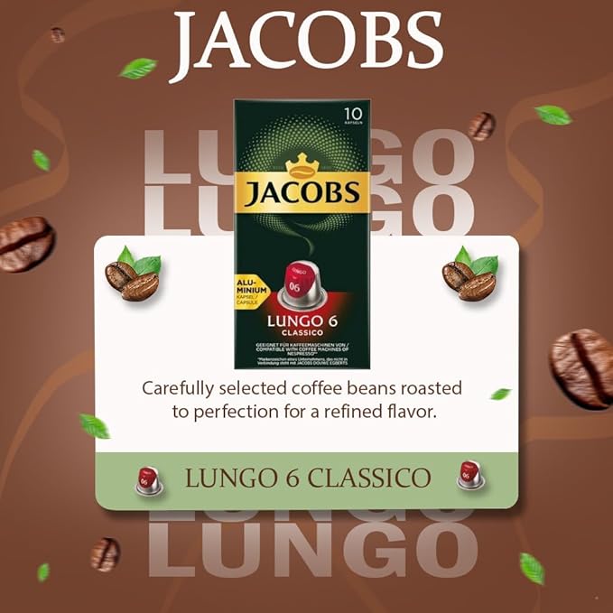 Jacobs Lungo 6 Classico 10x10 CAPSULES Coffee Capsules Compatible with (057 USD/1 CAP)