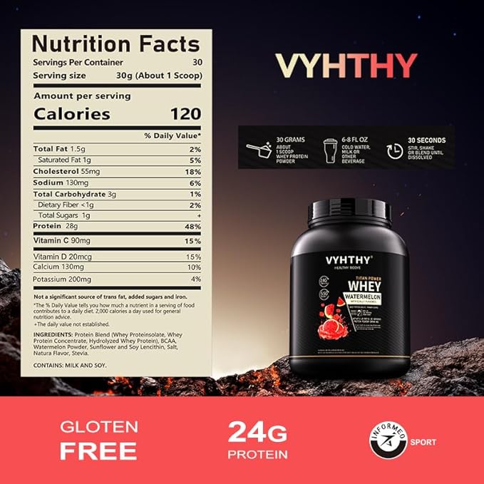 Watermelon Flavored Whey Protein Powder24g Protein per Serving Fast-Absorbing Concentrated whey Protein Low Sugar Gluten-Free Natural Flavor 2 lbs/32 oz.