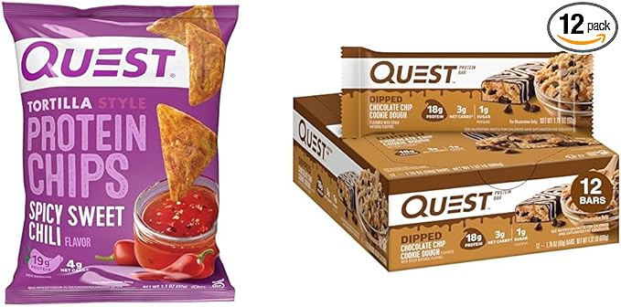 Quest Protein Chips &amp Cookie Dough Bars Bundle - Spicy Sweet Chili Chips (12 Ct 1.1 Oz) and Chocolate Chip Cookie Dough Bars (12 Ct 1.76 Oz)