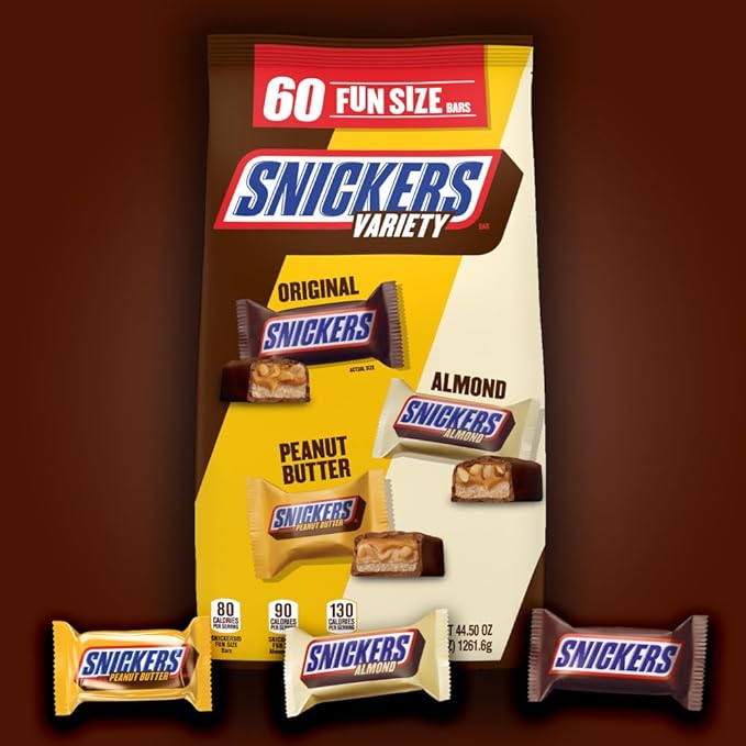 SNICKERS Original Peanut Butter &amp Almond Bulk Variety Pack Fun Size Chocolate Candy Bar Assortment 44.5 oz 60 Pieces Bag