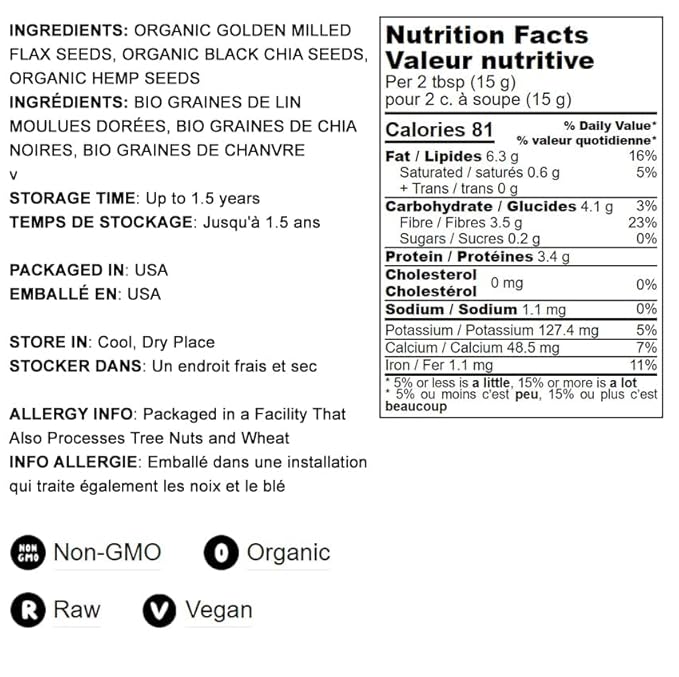Food to Live Organic FiberFull Flax Hemp and Chia Seeds Blend 5 Pounds with Cold-Milled Flax Non-GMO Bulk. Rich in Omega 3 and Fiber. Perfect for Smoothies Salads Oatmeal