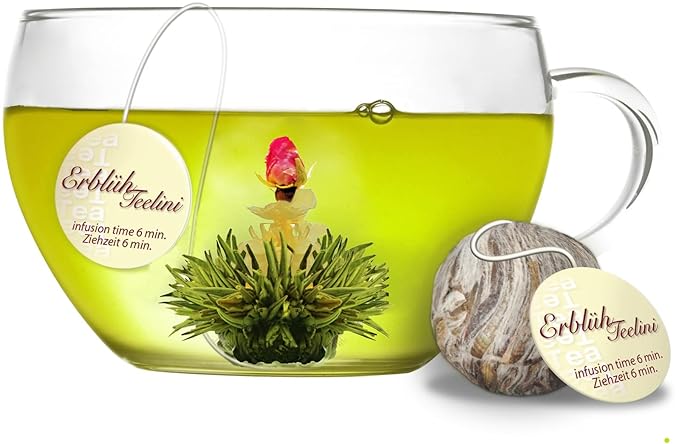 Creano Bloomning Tea Gift Set with Tea-Glass 7oz and 8 Tea-Flowers in Cup Size - Green Tea - Gift for Women Mother Tealovers
