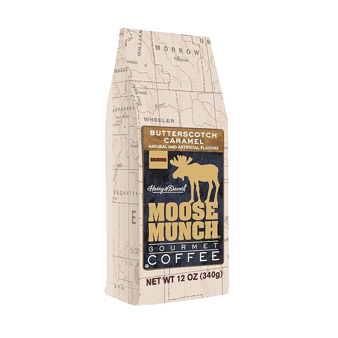Moose Munch Butterscotch Caramel Ground Coffee – 4 Pack 12 oz Bags – Sweet Buttery Caramel Flavored Medium Roast Coffee