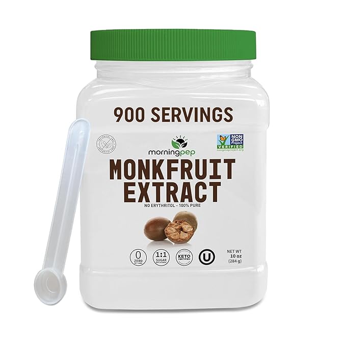 Morning Pep 100% Pure Monk Fruit extract sweetener No Erythritol Monkfruit Extract Powder NON-GMO Project Verified Keto Certified OU kosher No Fillers Zero Calories | Over 900 Servings | 10 oz