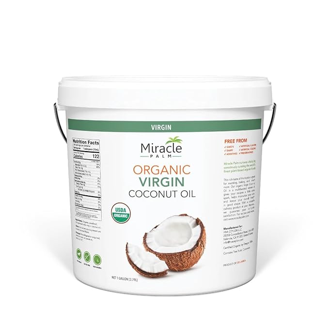 Miracle Palm Virgin Coconut Oil128 Fl Oz (Pack of 1) USDA Organic Non-GMO Raw &amp Unrefined - Ideal for Skin Hair Baby Care &amp Cooking - Cold Pressed &amp Pure - Long Lasting with Pleasant