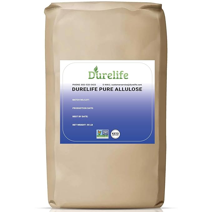 Durelife Allulose sweetener 55 lb 100% Pure No Erythritol powdered Sugar Substitute NON-GMO Project Verified Keto Certified OU kosher No Fillers Zero Calories sugar alternative 55 Lbs Bulk Bag