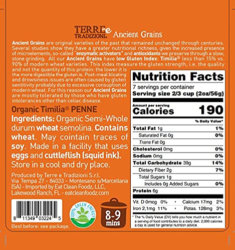 TERRE E TRADIZIONI 6 PACKS ORGANIC ITALIAN SEMI WHOLE DURUM WHEAT PENNE PASTALOW-GLUTEN INDEX. Has 6X More Fiber and Protein than Popular Grains. Al dente texture. Farm Fresh from Sicily Italy